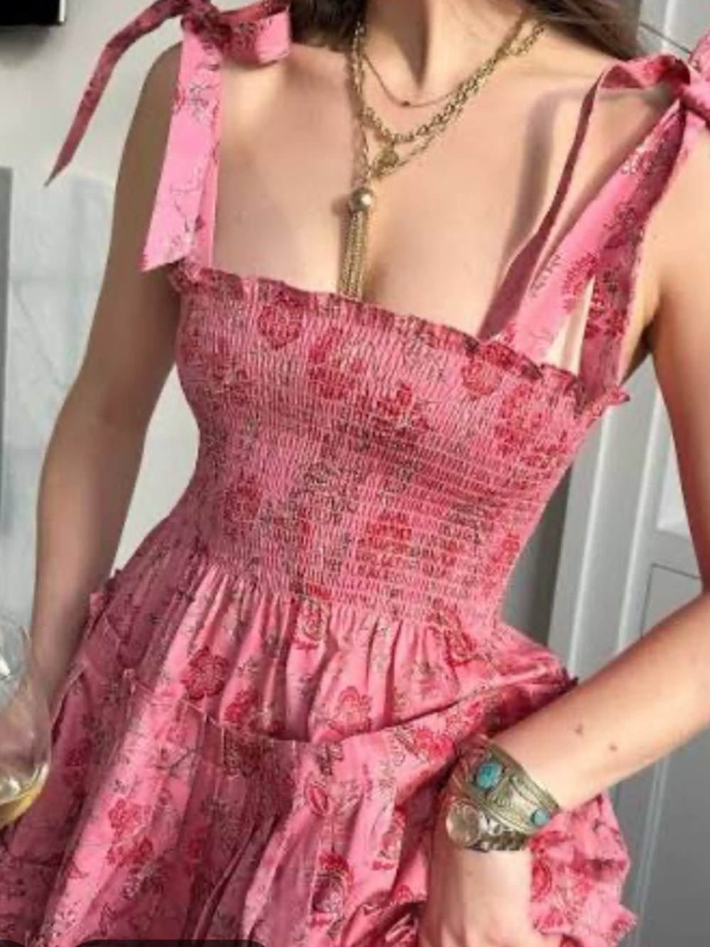 Smocked Tie-Strap Mini Dress in Pink